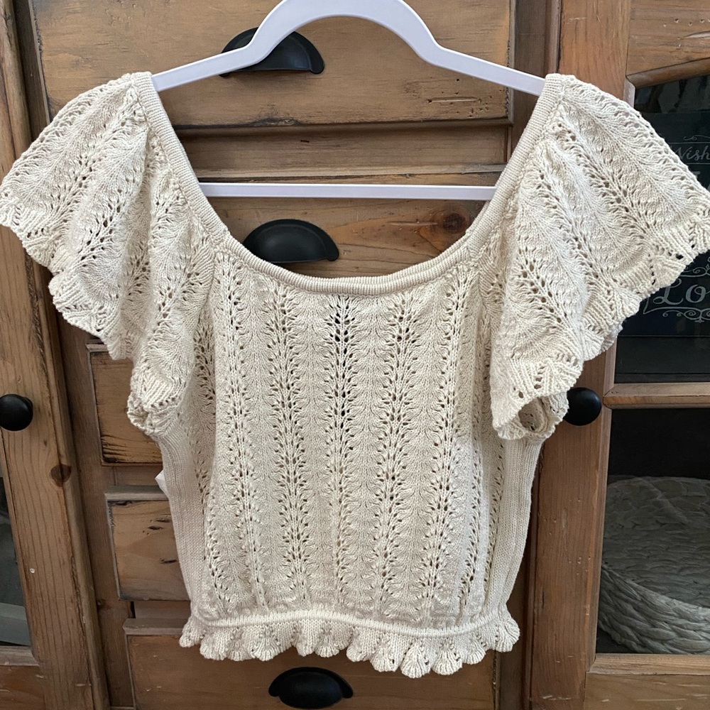 Freshman 1996 Cream Knit Ruffle Sleeve Top